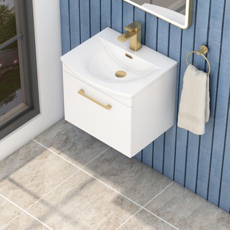  Marbella 500/600/800mm Gloss White 1 Drawer Wall Hung Vanity Unit Brushed Brass Handle with Curved Basin