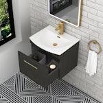  Marbella 500/600/800mm Hale Black 1 Drawer Wall Hung Vanity Unit Brushed Brass Handle with Curved Basin