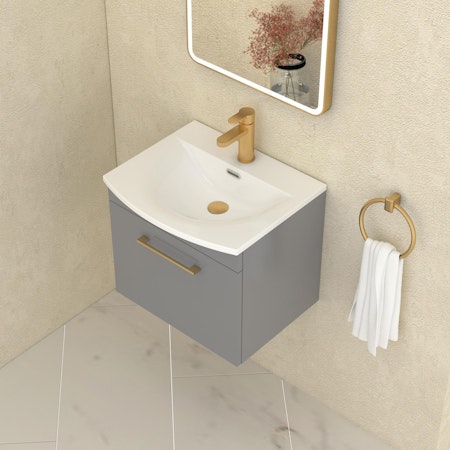  Marbella 500/600/800mm Indigo Grey Gloss 1 Drawer Wall Hung Vanity Unit Brushed Brass Handle with Curved Basin