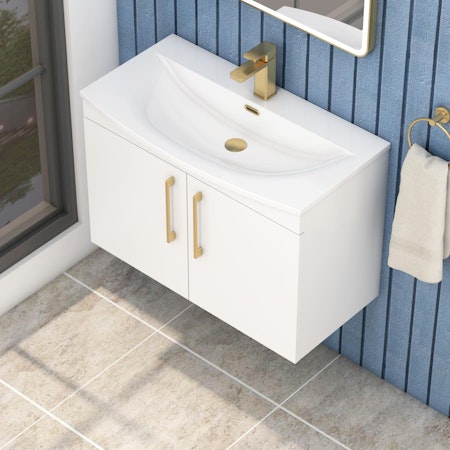  Marbella 500/600/800mm Gloss White 2 Door Wall Hung Vanity Unit Brushed Brass Handle with Curved Basin
