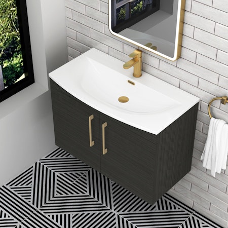  Marbella 500/600/800mm Hale Black 2 Door Wall Hung Vanity Unit Brushed Brass Handle with Curved Basin