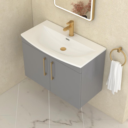  Marbella 500/600/800mm Indigo Grey Gloss 2 Door Wall Hung Vanity Unit Brushed Brass Handle with Curved Basin