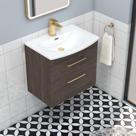 Marbella 500/600/800mm Grey Elm 2 Drawer Wall Hung Vanity Unit Brushed Brass Handle with Curved Basin