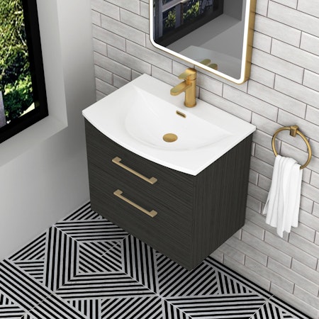  Marbella 500/600/800mm Hale Black 2 Drawer Wall Hung Vanity Unit Brushed Brass Handle with Curved Basin
