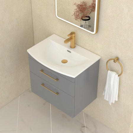  Marbella 500/600/800mm Indigo Grey Gloss 2 Drawer Wall Hung Vanity Unit Brushed Brass Handle with Curved Basin
