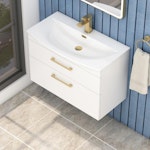  Marbella Gloss White 2 Drawer Wall Hung Vanity Unit with Curved Basin - Multiple Sizes & Handles