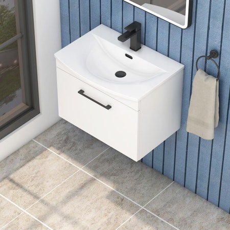  Marbella Gloss White 1 Drawer Wall Hung Vanity Unit with Curved Basin - Multiple Sizes & Handles