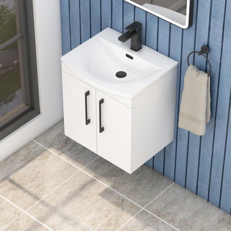 Marbella 500mm Wall Hung Vanity Unit with 2 Door Gloss White with Black Handles & Curved Basin
