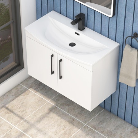  Marbella 500/600/800mm Gloss White 2 Door Wall Hung Vanity Unit Black Handle with Curved Basin