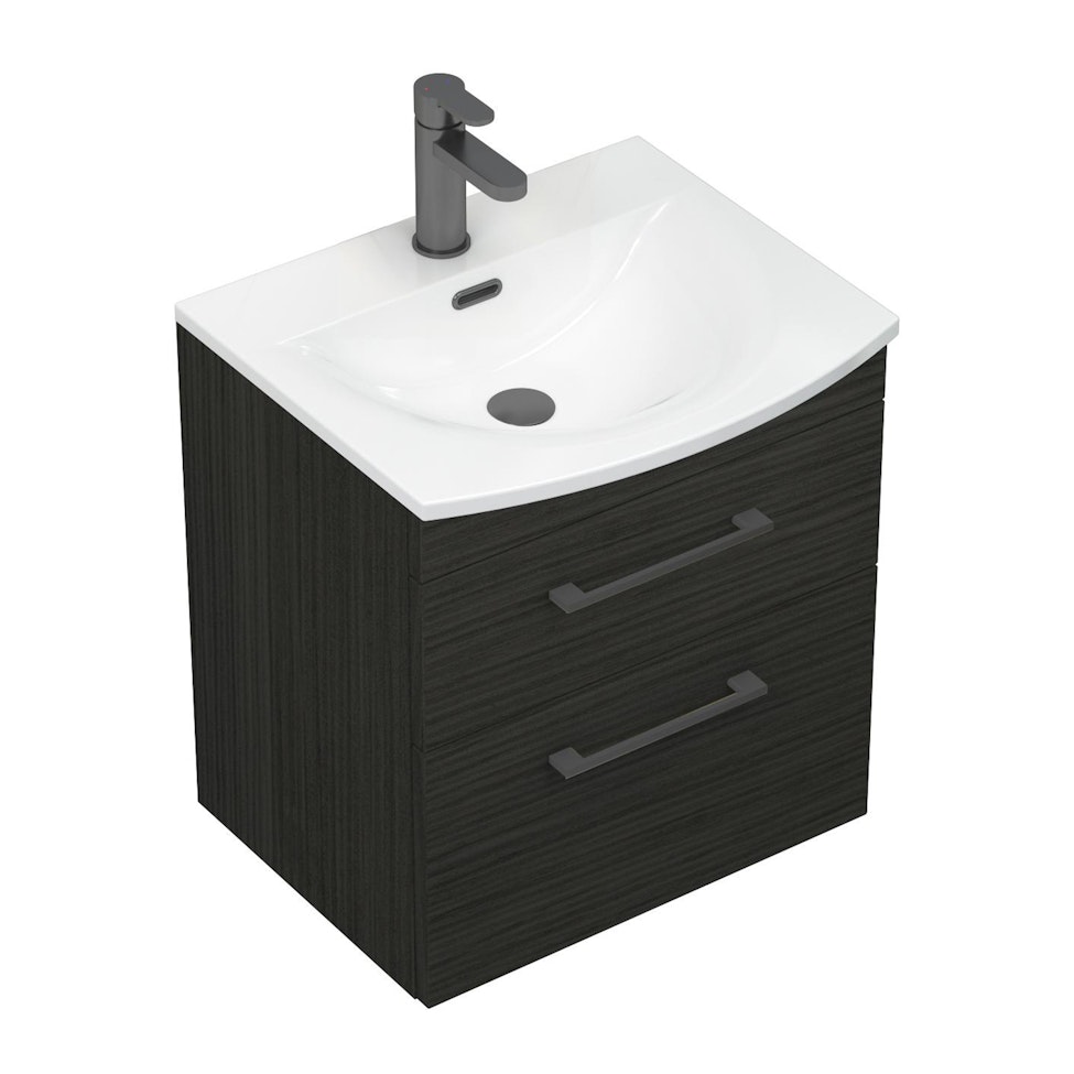  Marbella 500/600/800mm Hale Black 2 Drawer Wall Hung Vanity Unit Black Handle with Curved Basin