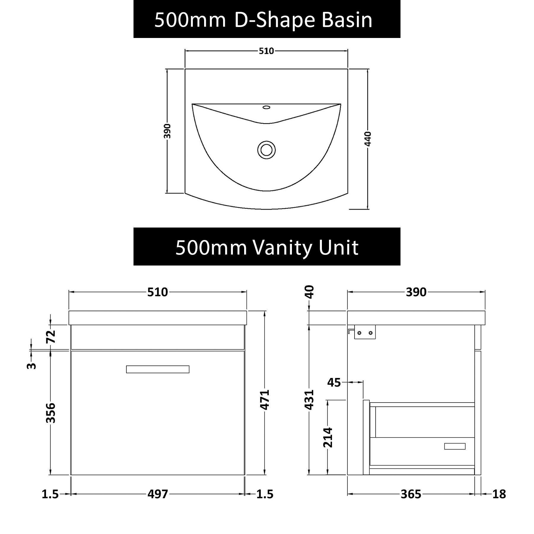 Marbella 500mm Wall Hung Vanity Unit with 1 Drawer Gloss White Cabinet & Curved Basin