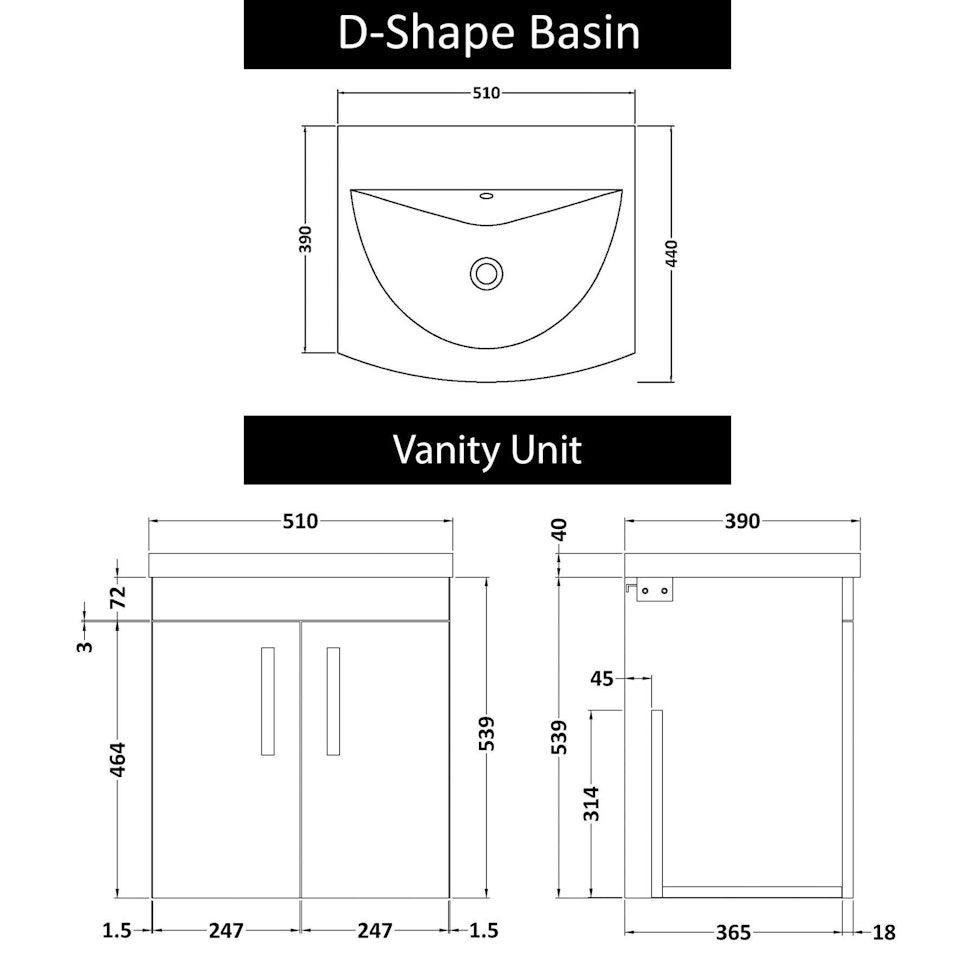  Marbella 500/600/800mm Hale Black 2 Door Wall Hung Vanity Unit Black Handle with Curved Basin