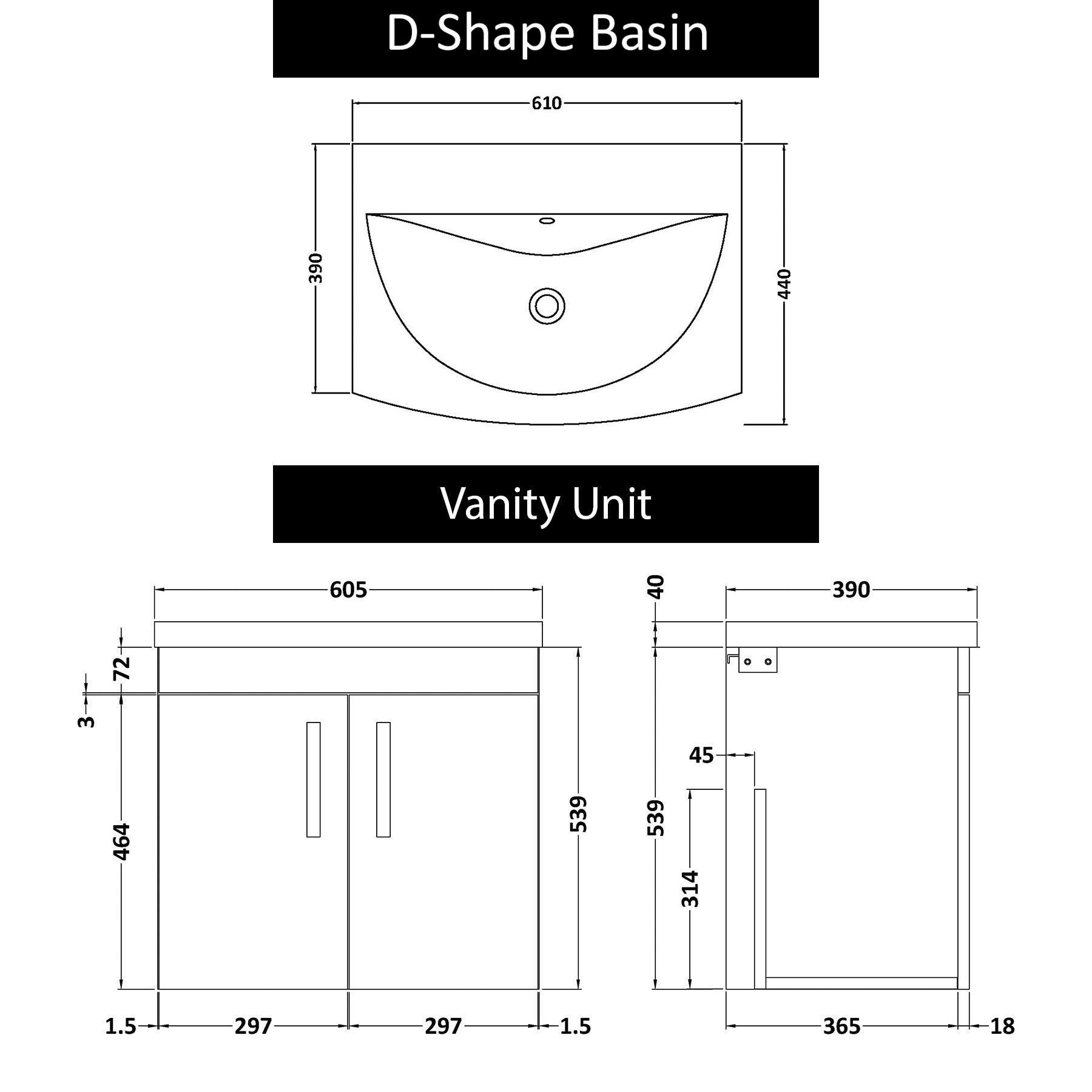 Marbella 600mm Wall Hung Vanity Unit with 2 Door Grey Elm Cabinet & Curved Basin