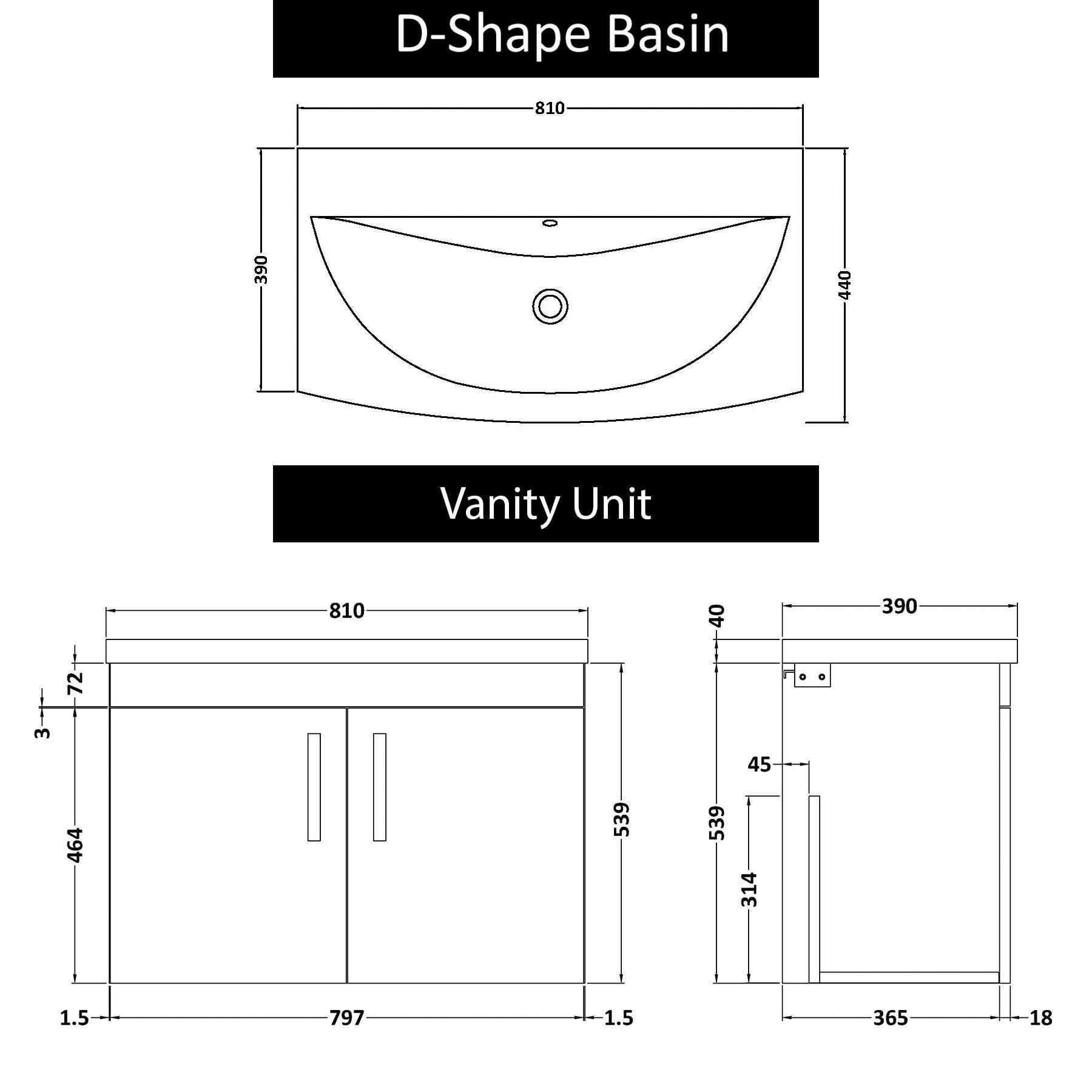  Marbella 500/600/800mm Grey Elm 2 Door Wall Hung Vanity Unit with Curved Basin