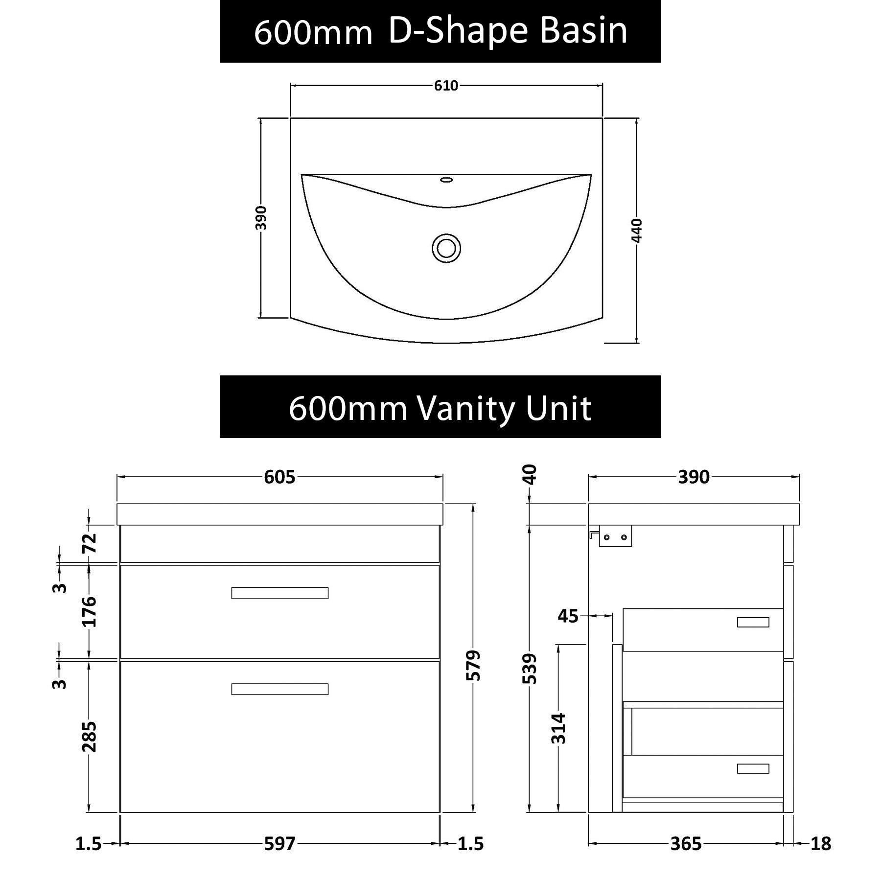 Marbella 600mm Wall Hung Vanity Unit with 2 Drawer Grey Elm Cabinet & Curved Basin