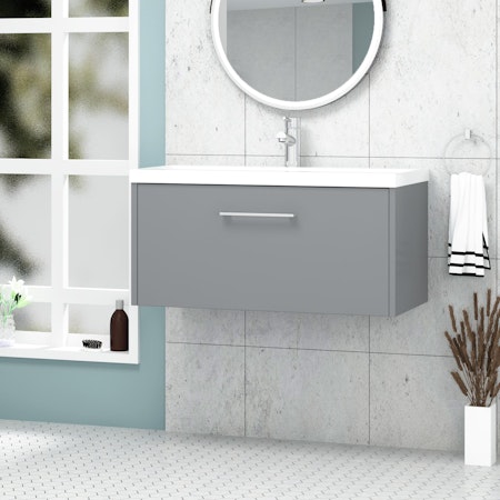 Milan 800mm Wall Hung Vanity Sink Unit 1 Drawer Coastal Grey Matt - Mid-Edge Basin - Royal Bathrooms
