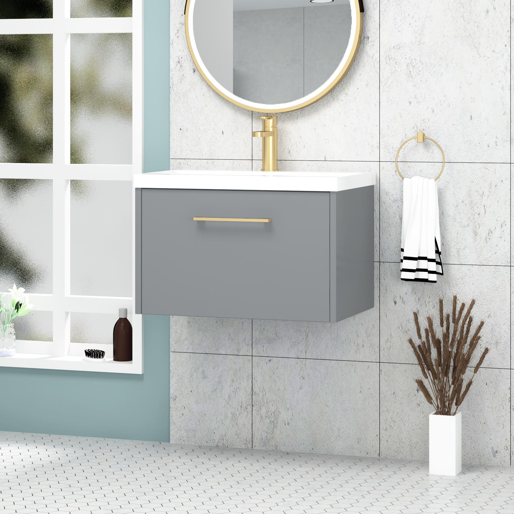 Milan 600mm Wall Hung Vanity Sink Unit 1 Drawer Coastal Grey Matt - Minimalist Basin with Brushed Brass Handle