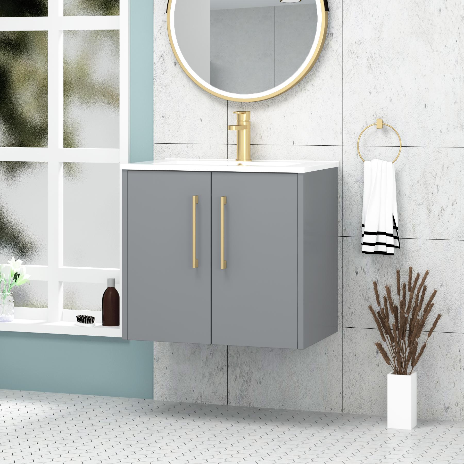 Milan 600mm Wall Hung Vanity Sink Unit 2 Door Coastal Grey Matt - Mid-Edge Basin with Brushed Brass Handle