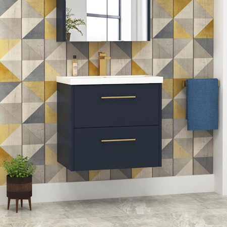  Milan 600mm Electric Blue Matt Wall Hung 2 Drawer Vanity Unit and Optional Basin - Mid Edge / Minimalist with Brushed Brass Handle