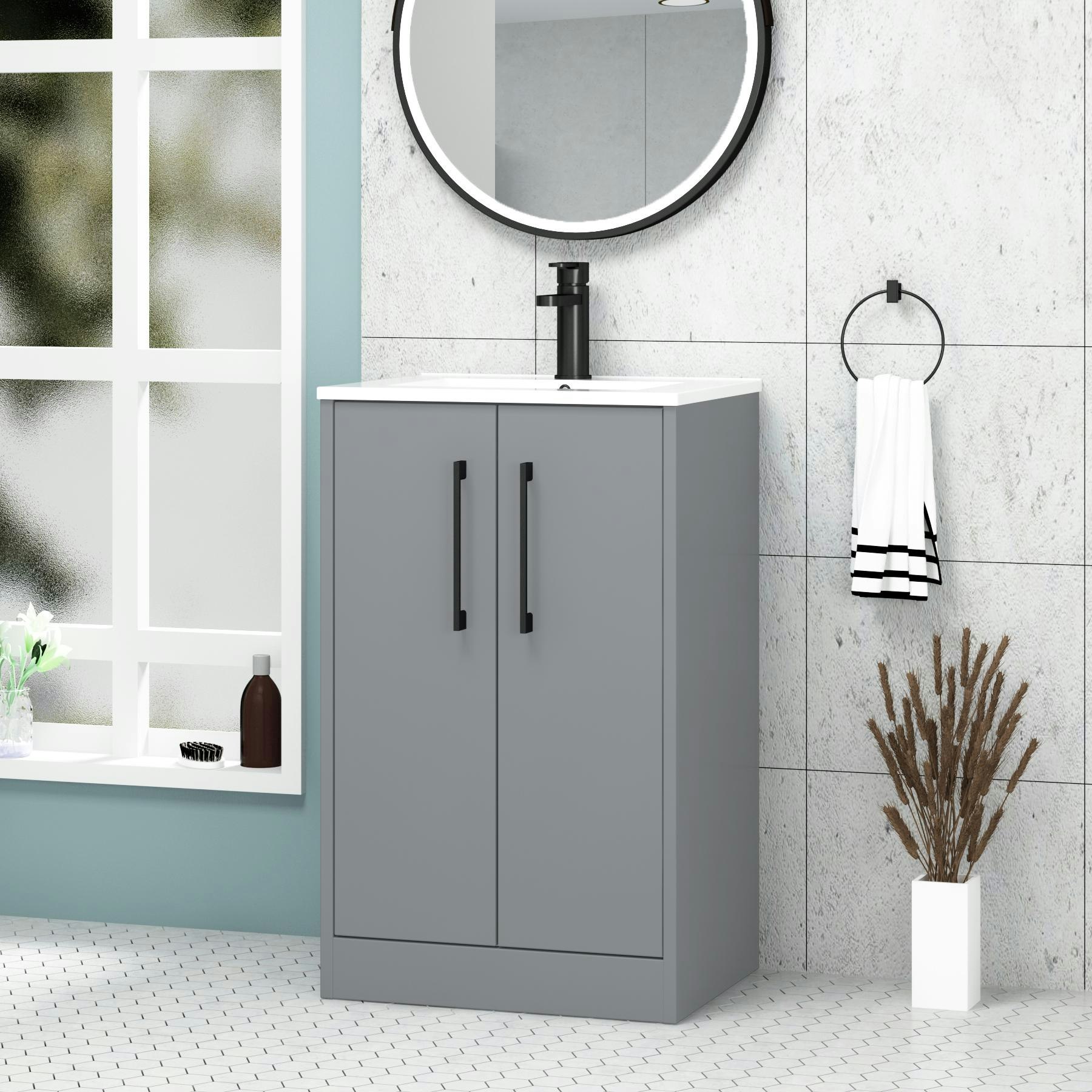 Milan Matt Coastal Grey 2 Door Floor Standing Vanity Unit with Mid-Edge Basin - Multiple Sizes & Handles