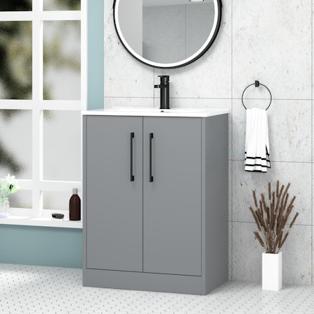 Milan Matt Coastal Grey 2 Door Floor Standing Vanity Unit with Mid-Edge Basin - Multiple Sizes & Handles