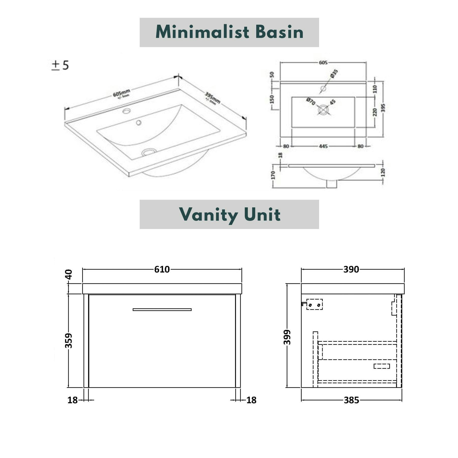 Milan 600mm Coastal Grey Matt Wall Hung 1 Drawer Vanity Unit and Optional Basin - Mid Edge / Minimalist with Brushed Brass Handle