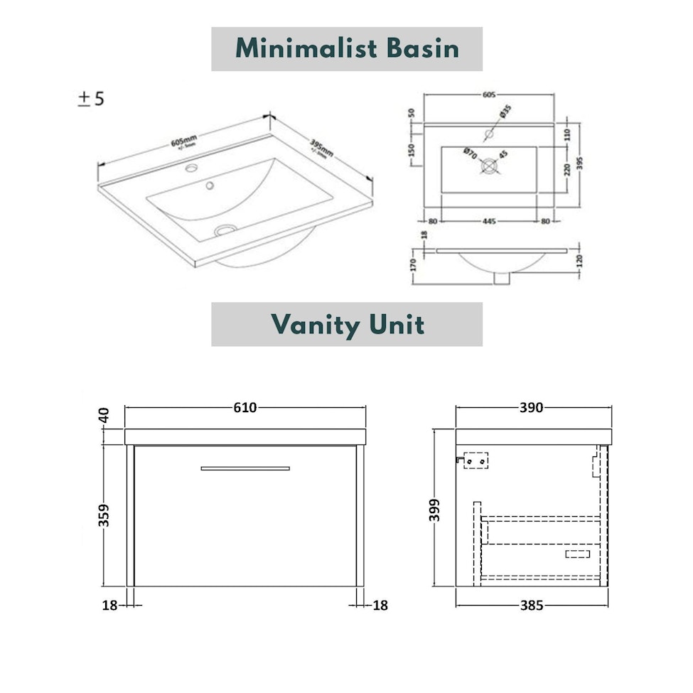  Milan 600mm Coastal Grey Matt Wall Hung 1 Drawer Vanity Unit and Optional Basin - Mid Edge / Minimalist with Matt Black Handle