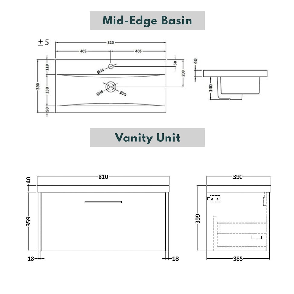  Milan 800mm Coastal Grey Matt Wall Hung 1 Drawer Vanity Unit and Optional Basin - Mid Edge / Minimalist with Brushed Brass Handle