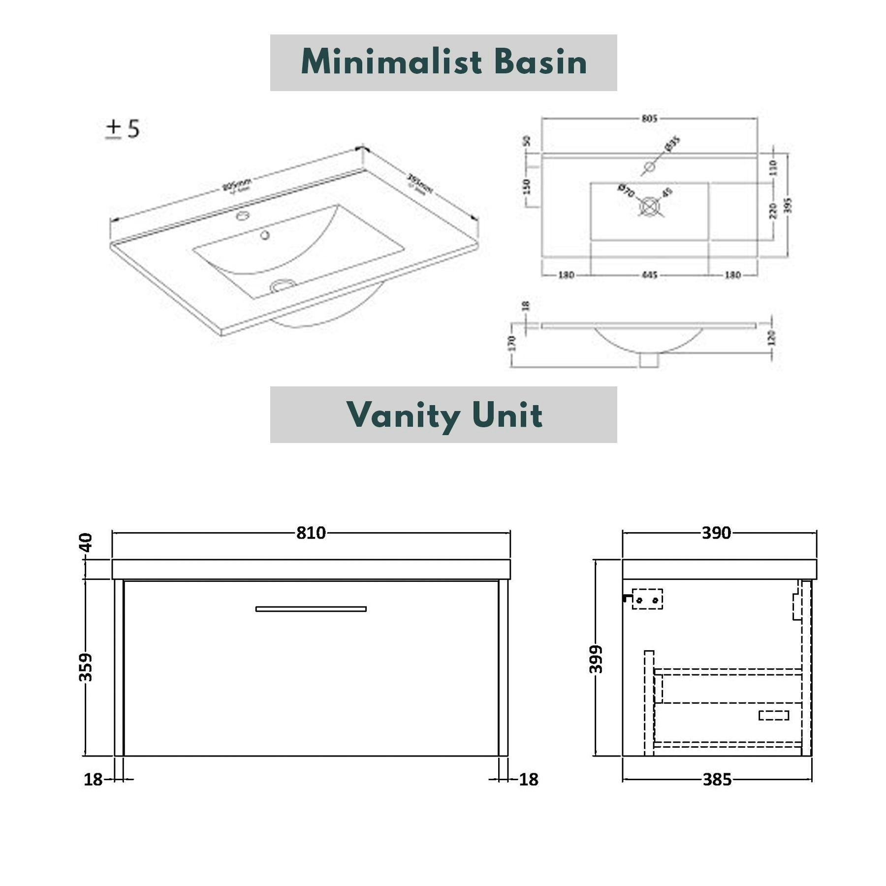  Milan 800mm Coastal Grey Matt Wall Hung 1 Drawer Vanity Unit and Optional Basin - Mid Edge / Minimalist with Brushed Brass Handle