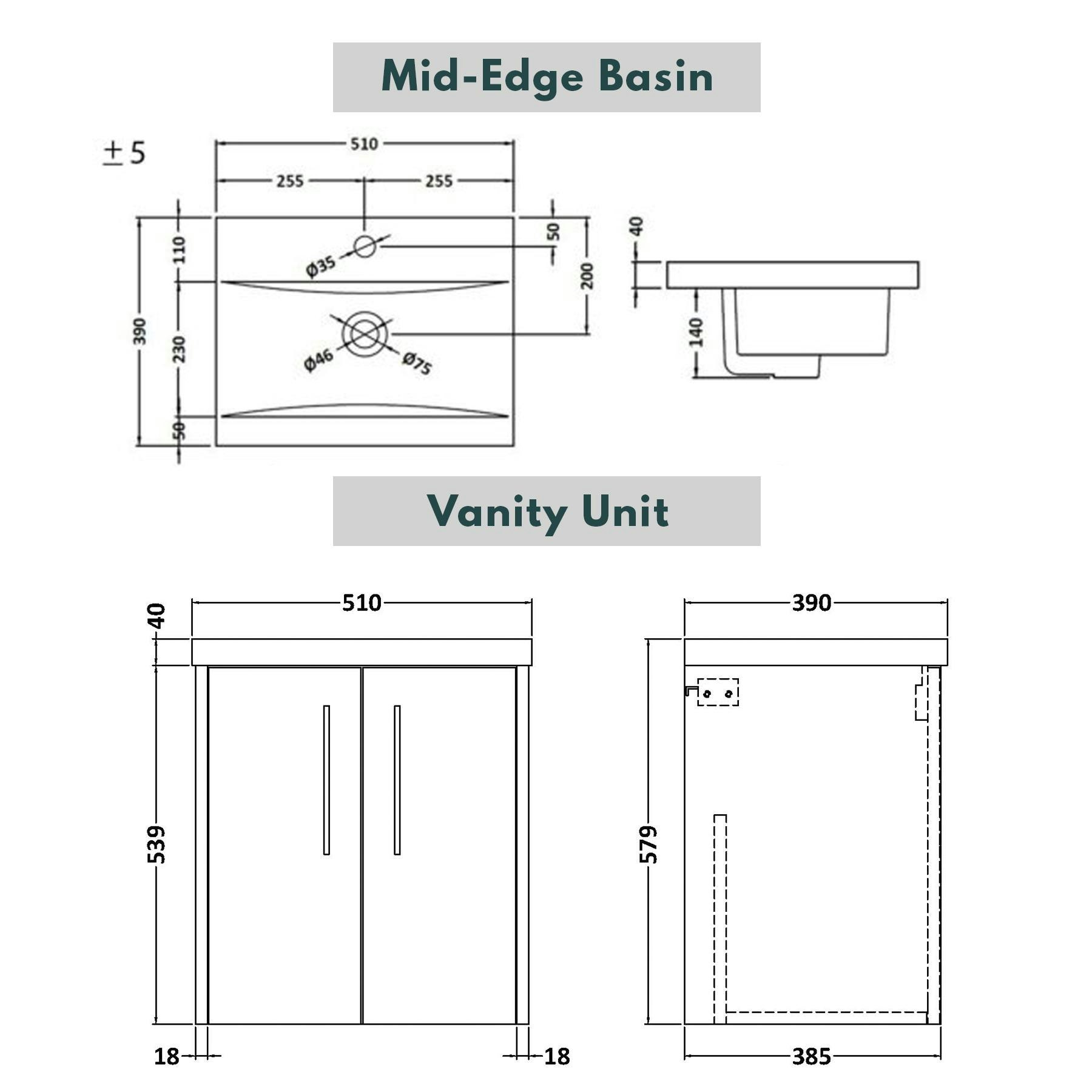  Milan 500mm Coastal Grey Matt Wall Hung 2 Door Vanity Unit and Optional Basin - Mid Edge / Minimalist with Brushed Brass Handle