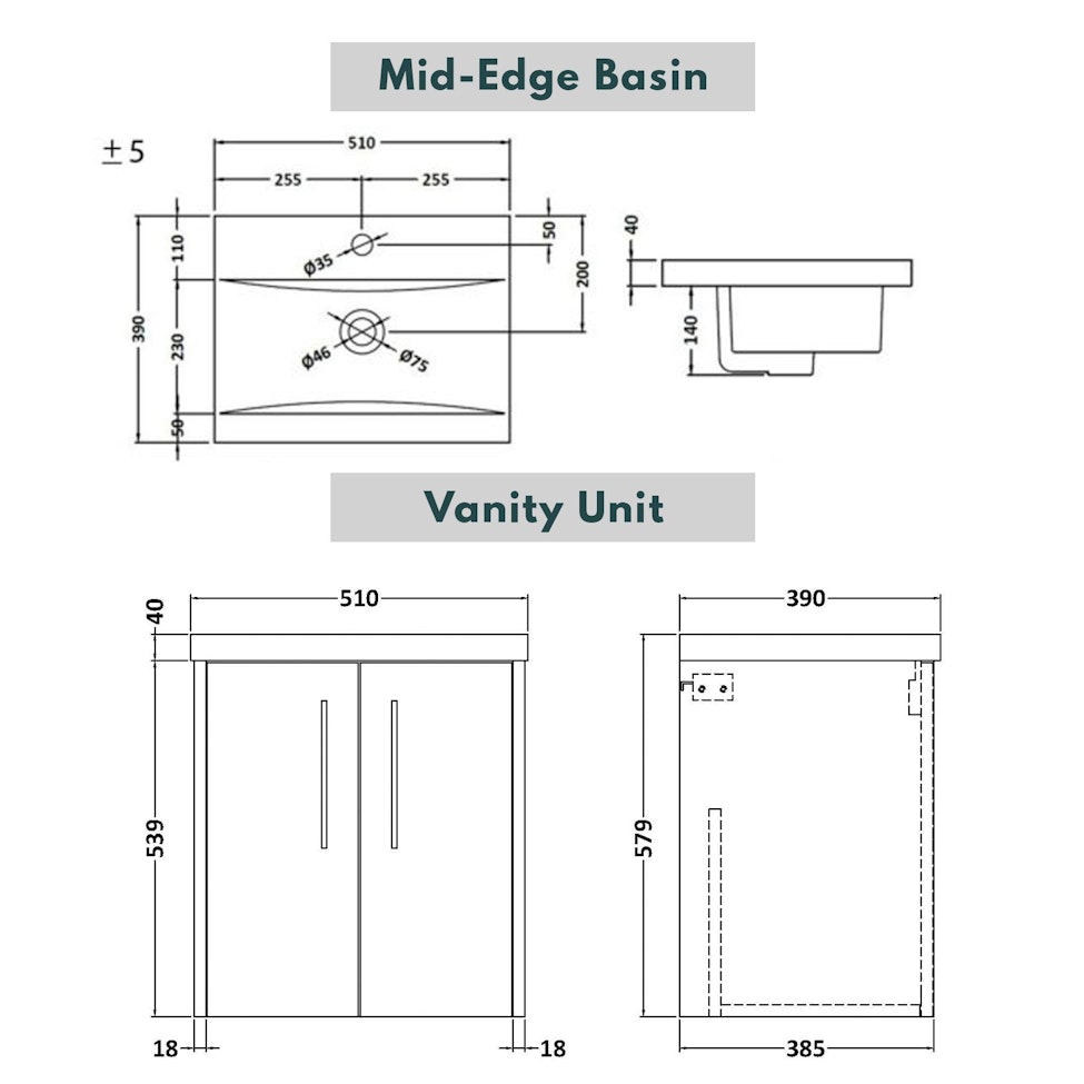  Milan 500mm Coastal Grey Matt Wall Hung 2 Door Vanity Unit and Optional Basin - Mid Edge / Minimalist with Matt Black Handle