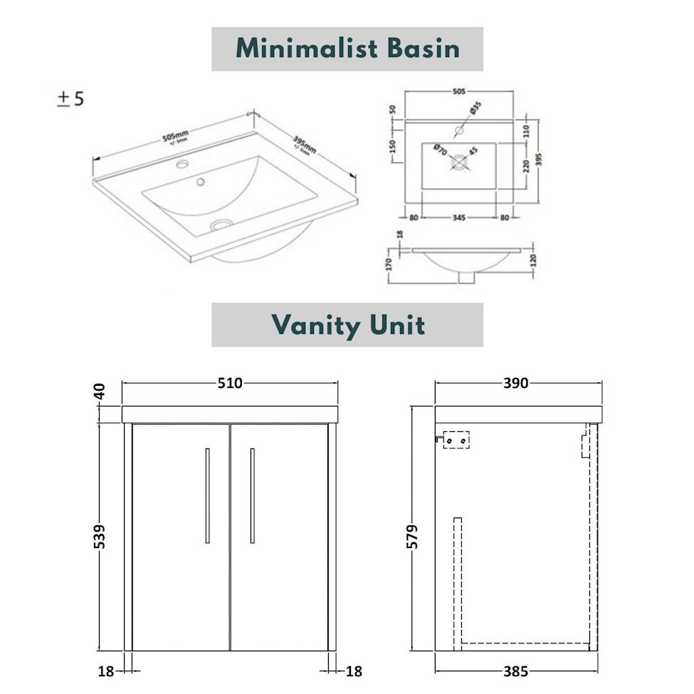  Milan 500mm Coastal Grey Matt Wall Hung 2 Door Vanity Unit and Optional Basin - Mid Edge / Minimalist with Brushed Brass Handle