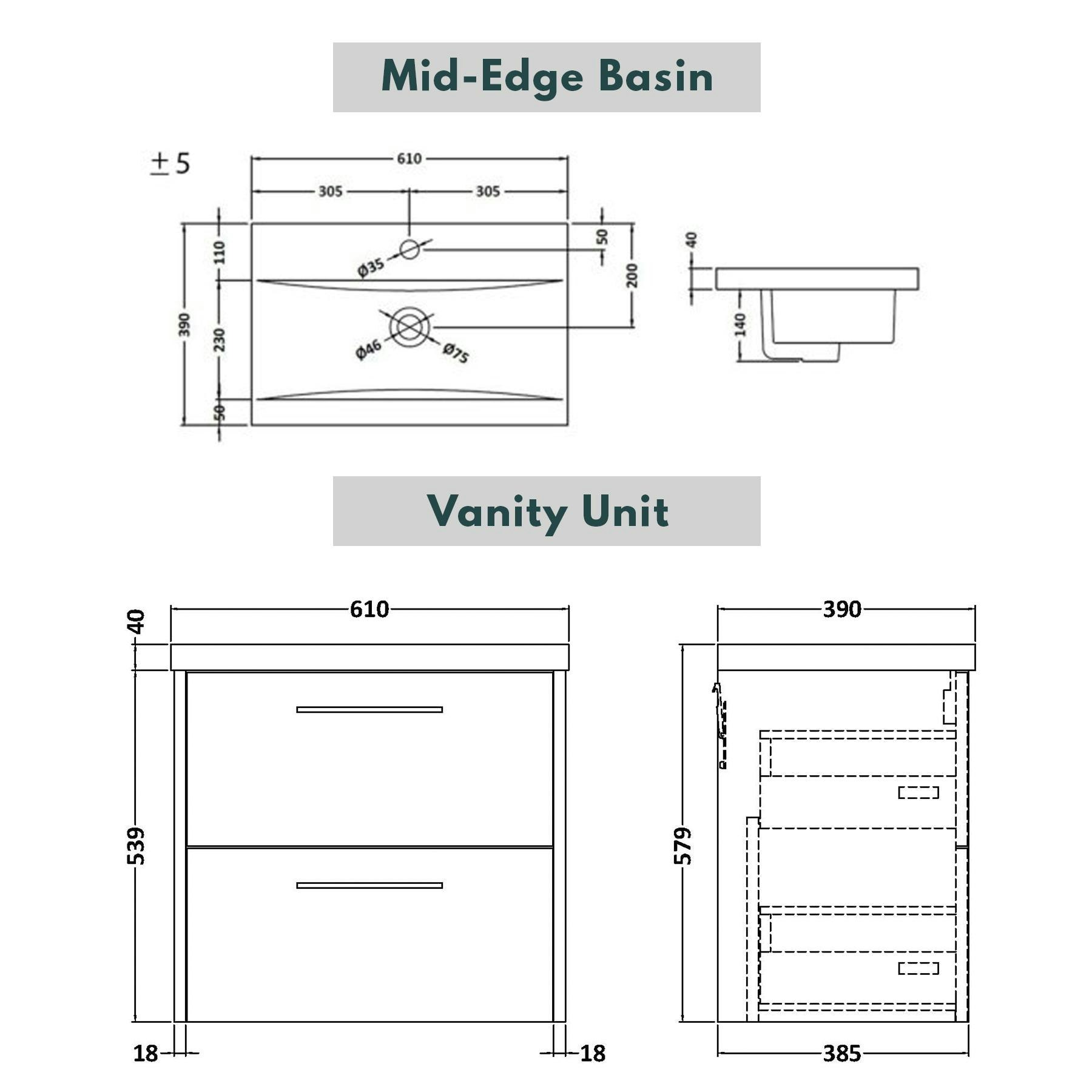  Milan 600mm Coastal Grey Matt Wall Hung 2 Drawer Vanity Unit and Optional Basin - Mid Edge / Minimalist with Brushed Brass Handle