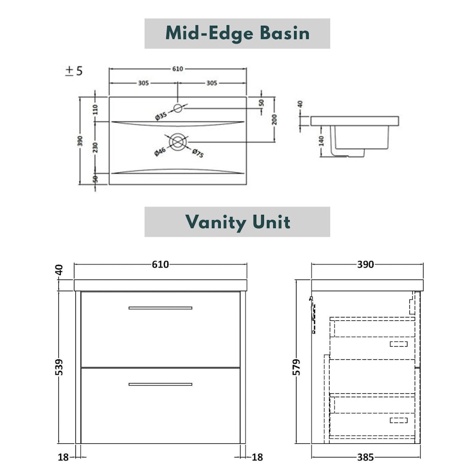  Milan 600mm Coastal Grey Matt Wall Hung 2 Drawer Vanity Unit and Optional Basin - Mid Edge / Minimalist