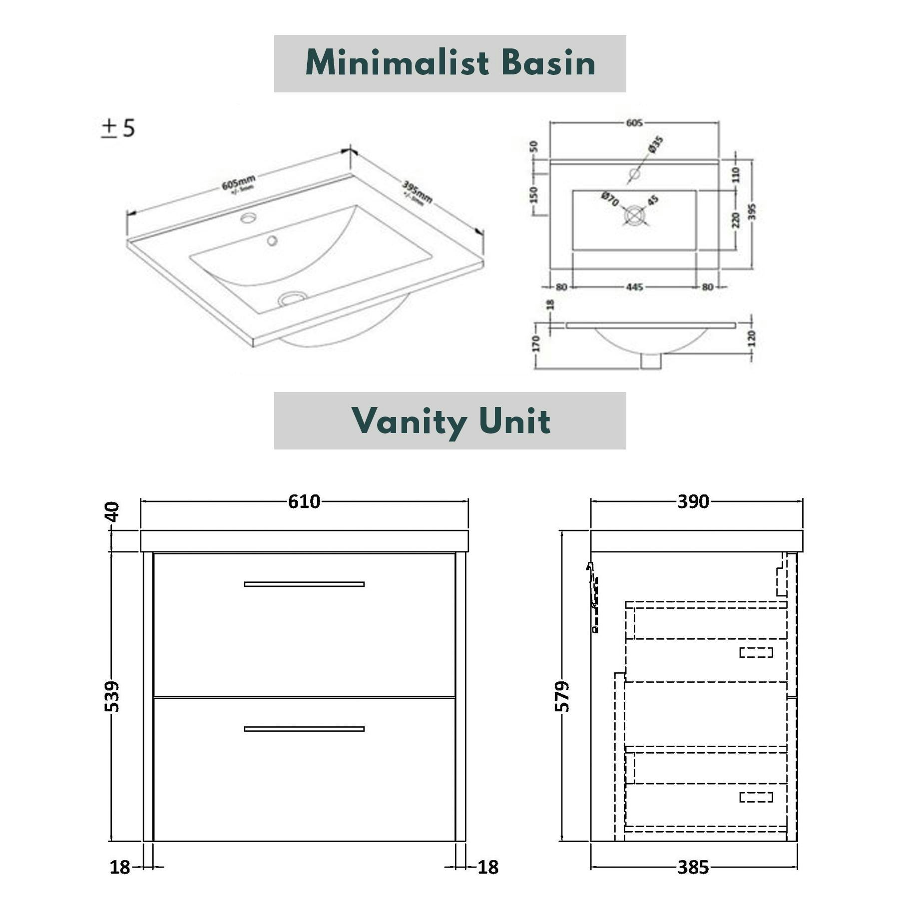  Milan 600mm Coastal Grey Matt Wall Hung 2 Drawer Vanity Unit and Optional Basin - Mid Edge / Minimalist with Brushed Brass Handle