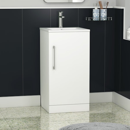 Modena 400mm Floor Standing Vanity Unit Satin White - 1 Door Basin Cabinet