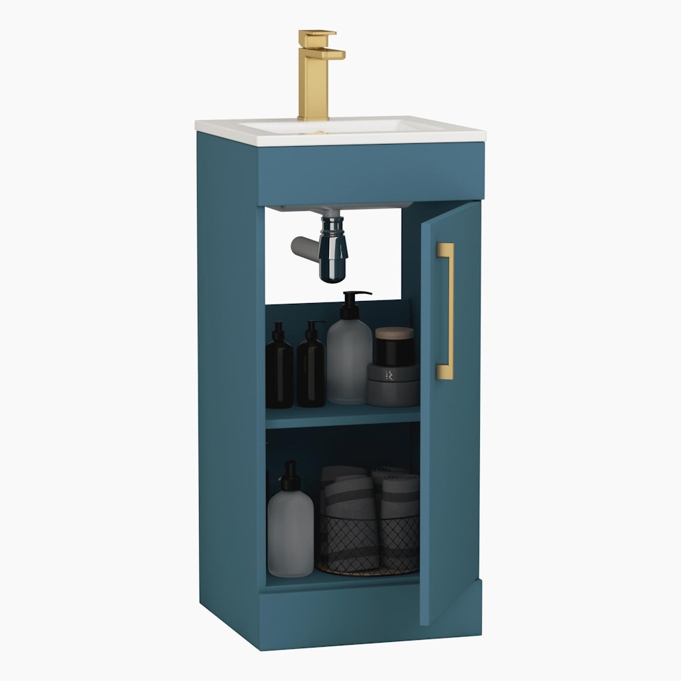 Modena 400mm Satin Blue Floor Standing Vanity Unit with Brushed Brass Handle - 1 Door Basin Cabinet