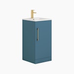 Modena 400mm Satin Blue Floor Standing Vanity Unit with Brushed Brass Handle - 1 Door Basin Cabinet