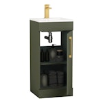 Modena 400mm Satin Green Floor Standing Vanity Unit with Brushed Brass Handle - 1 Door Basin Cabinet