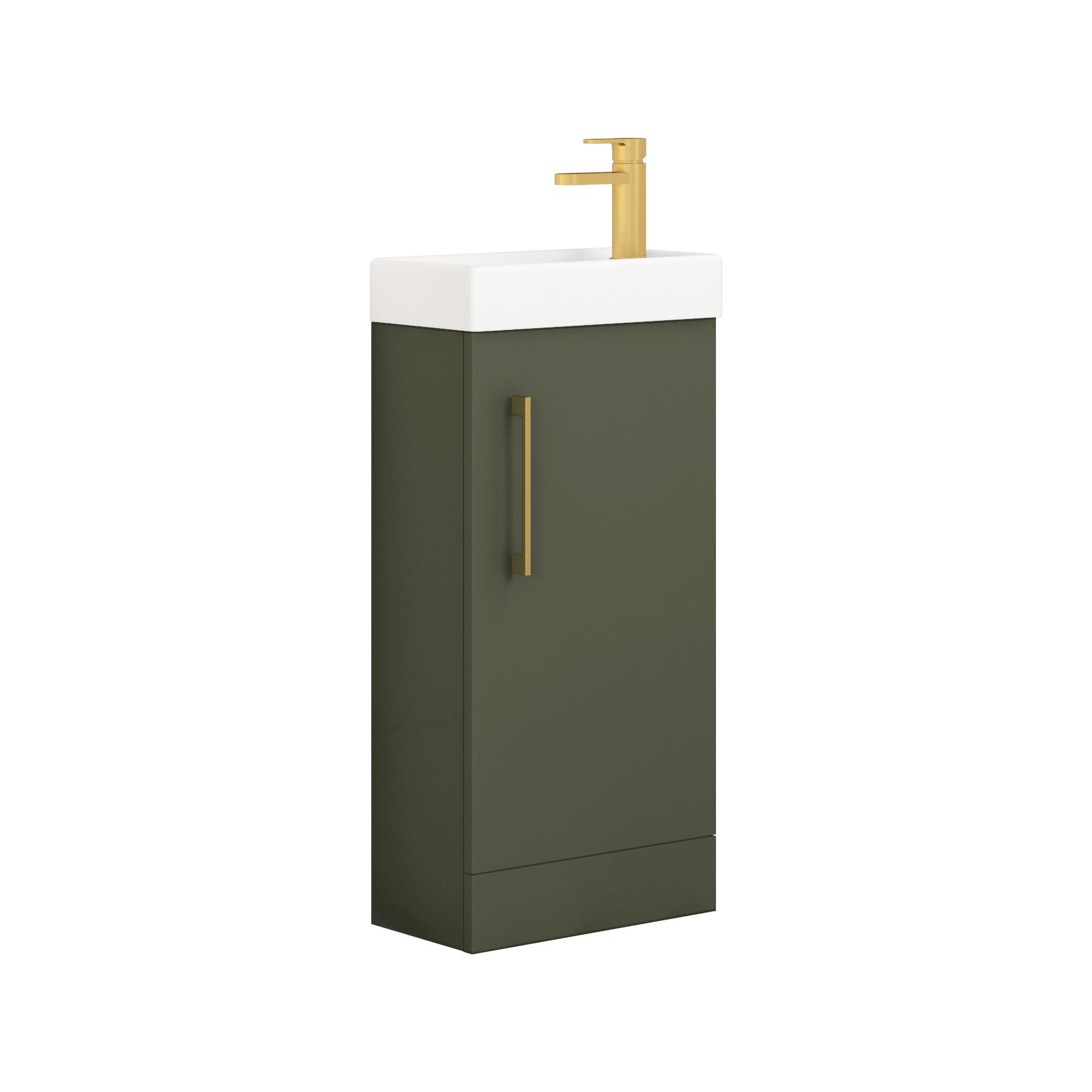 Modena 400mm Satin Green Compact Floor Standing Vanity Unit with Brushed Brass Handle - 1 Door Basin Cabinet