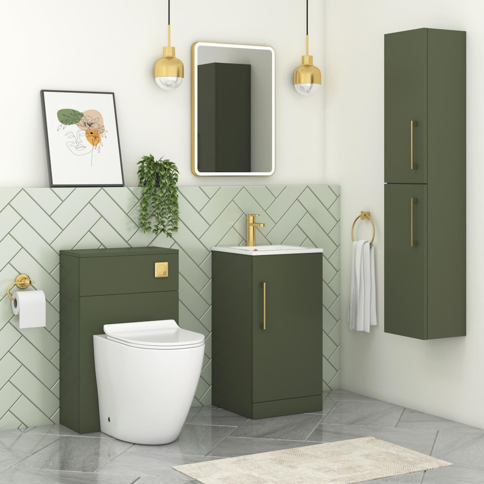 Modena 400mm Satin Green Floor Standing Vanity Unit with Brushed Brass Handle - 1 Door Basin Cabinet
