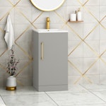 Modena 400mm Satin Grey Floor Standing Vanity Unit with Brushed Brass Handle - 1 Door Basin Cabinet