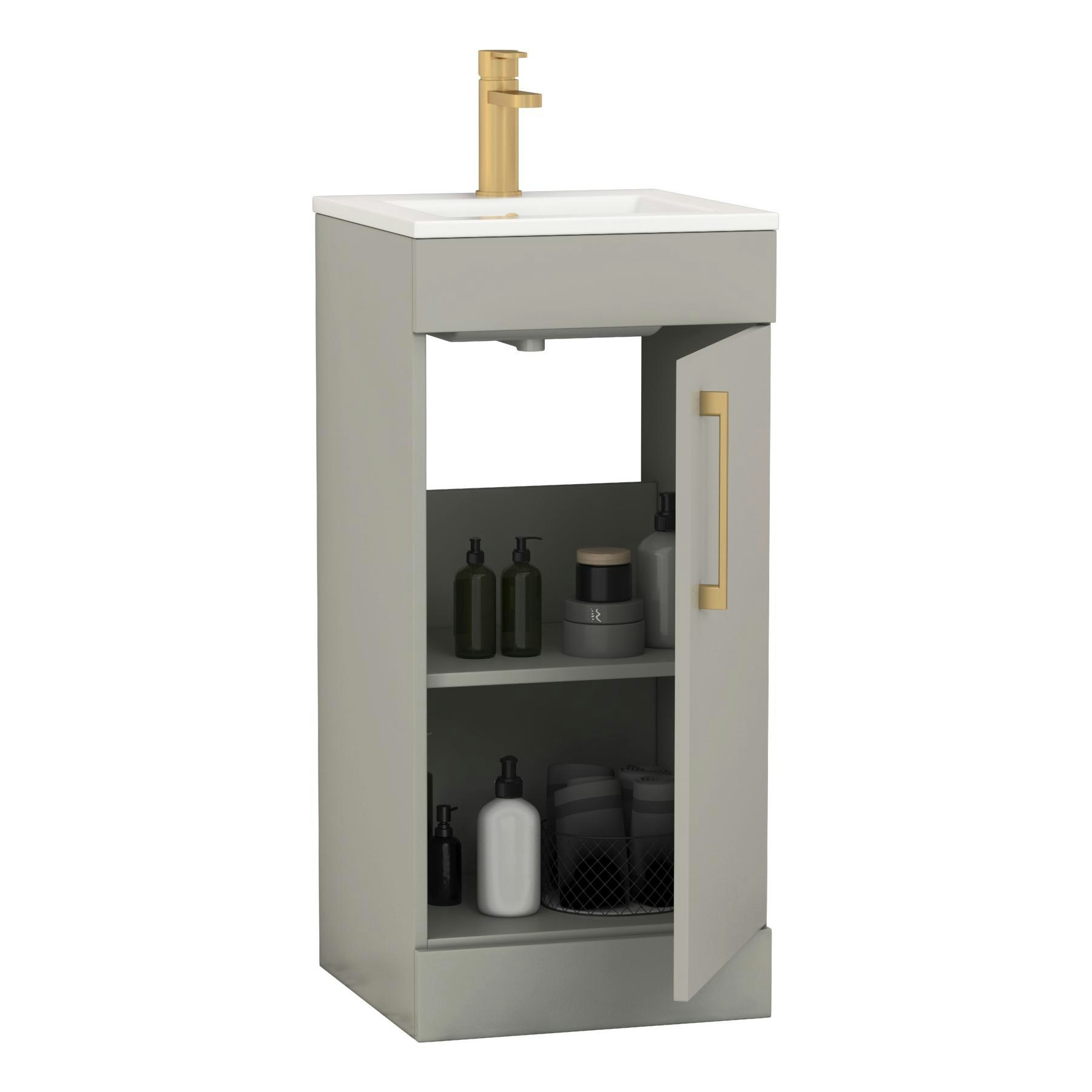Modena 400mm Satin Grey Floor Standing Vanity Unit with Brushed Brass Handle - 1 Door Basin Cabinet