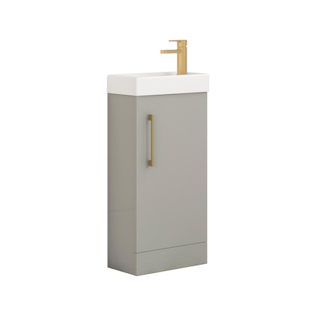 Modena 400mm Satin Grey Compact Floor Standing Vanity Unit with Brushed Brass Handle - 1 Door Basin Cabinet