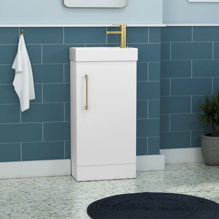 Modena 400mm Satin White Compact Floor Standing Vanity Unit with Brushed Brass Handle - 1 Door Basin Cabinet