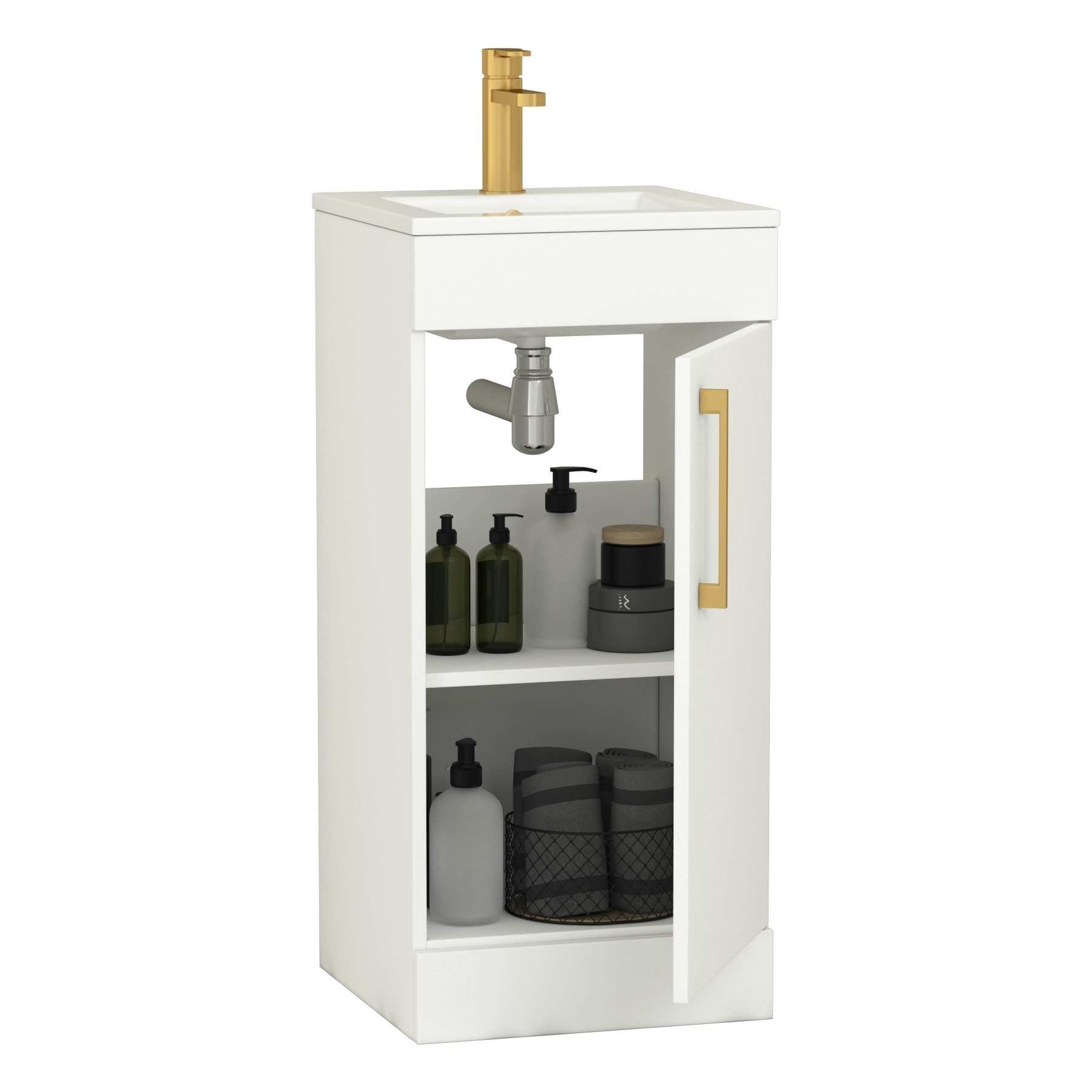 Modena 400mm Satin White Floor Standing Vanity Unit with Brushed Brass Handle - 1 Door Basin Cabinet