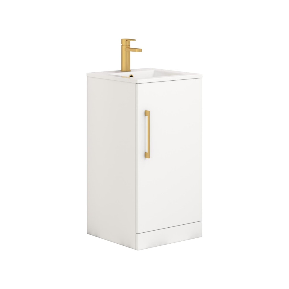 Modena 400mm Satin White Floor Standing Vanity Unit with Brushed Brass Handle - 1 Door Basin Cabinet