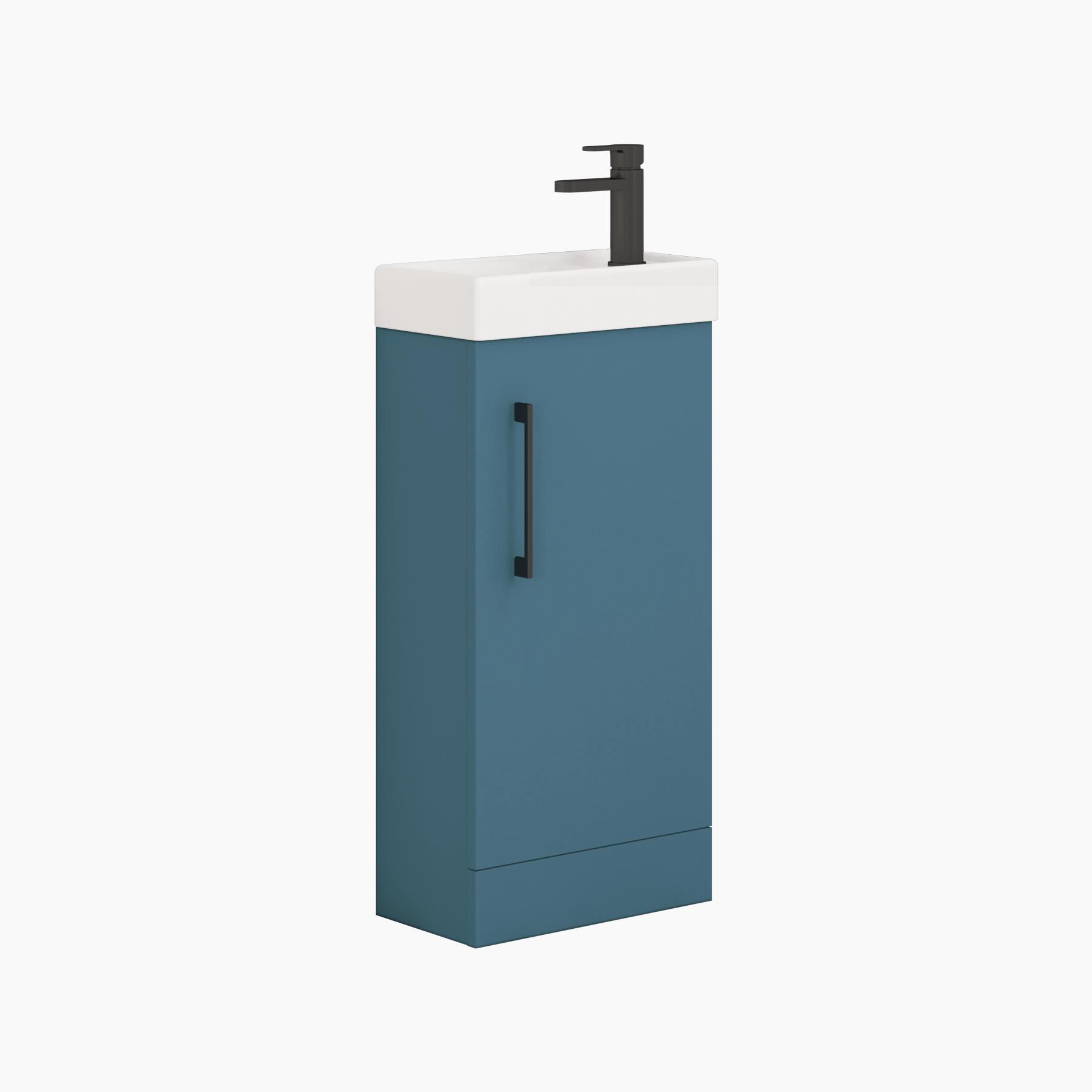 Modena 400mm Satin Blue Compact Floor Standing Vanity Unit with Black Handle - 1 Door Basin Cabinet