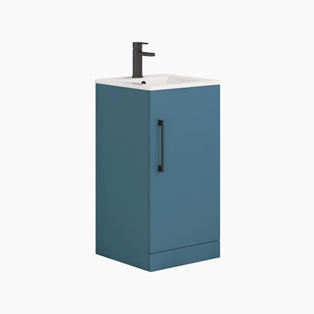Modena 400mm Satin Blue Floor Standing Vanity Unit with Black Handle - 1 Door Basin Cabinet