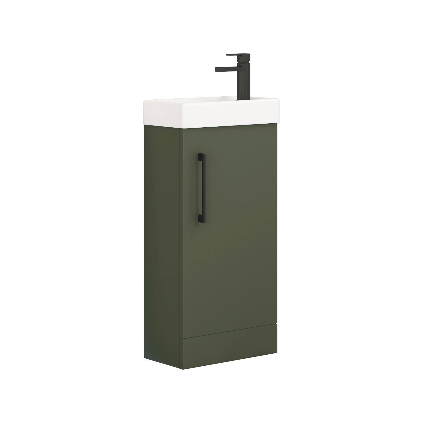 Modena 400mm Satin Green Compact Floor Standing Vanity Unit with Black Handle - 1 Door Basin Cabinet